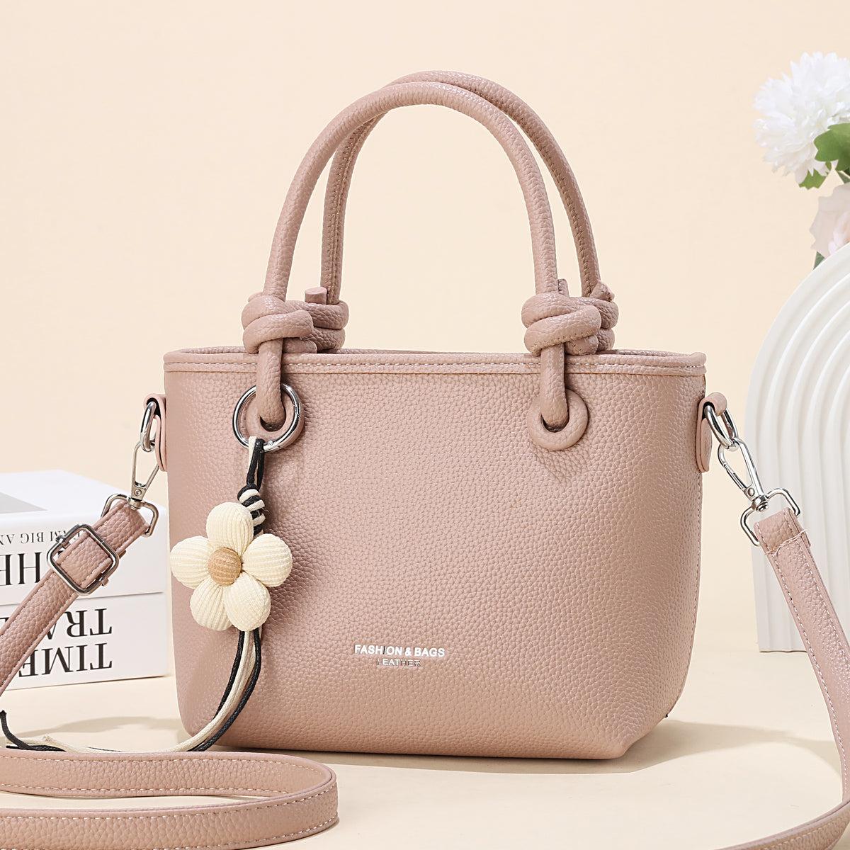 Women’s PU Mini Tote Bag with Flower Charm (9905)