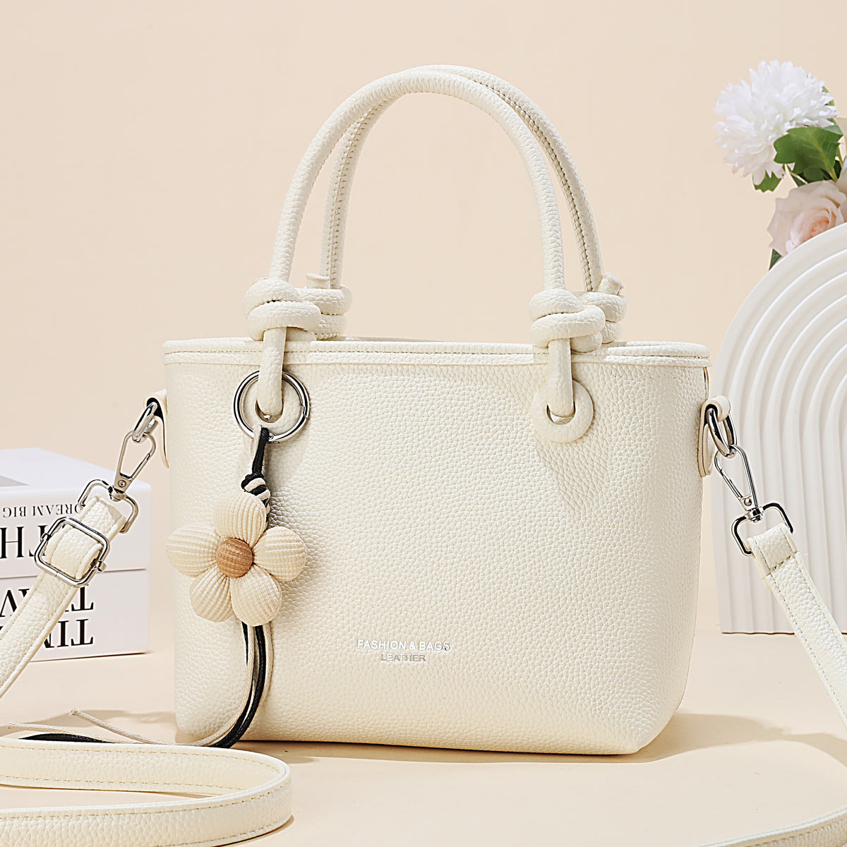 Women’s PU Mini Tote Bag with Flower Charm (9905)