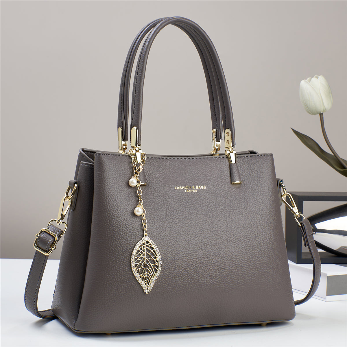 Women’s PU Shoulder Bag with Leaf Pendant (9631)