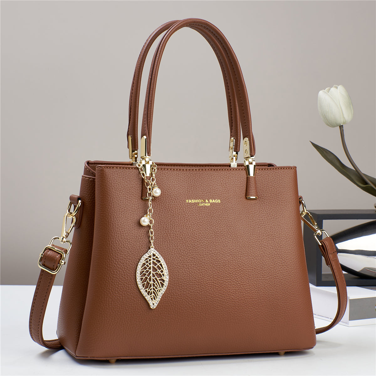 Women’s PU Shoulder Bag with Leaf Pendant (9631)
