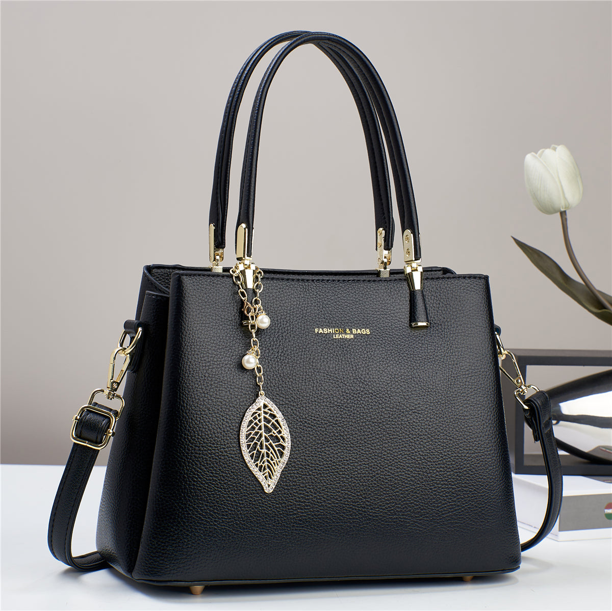 Women’s PU Shoulder Bag with Leaf Pendant (9631)