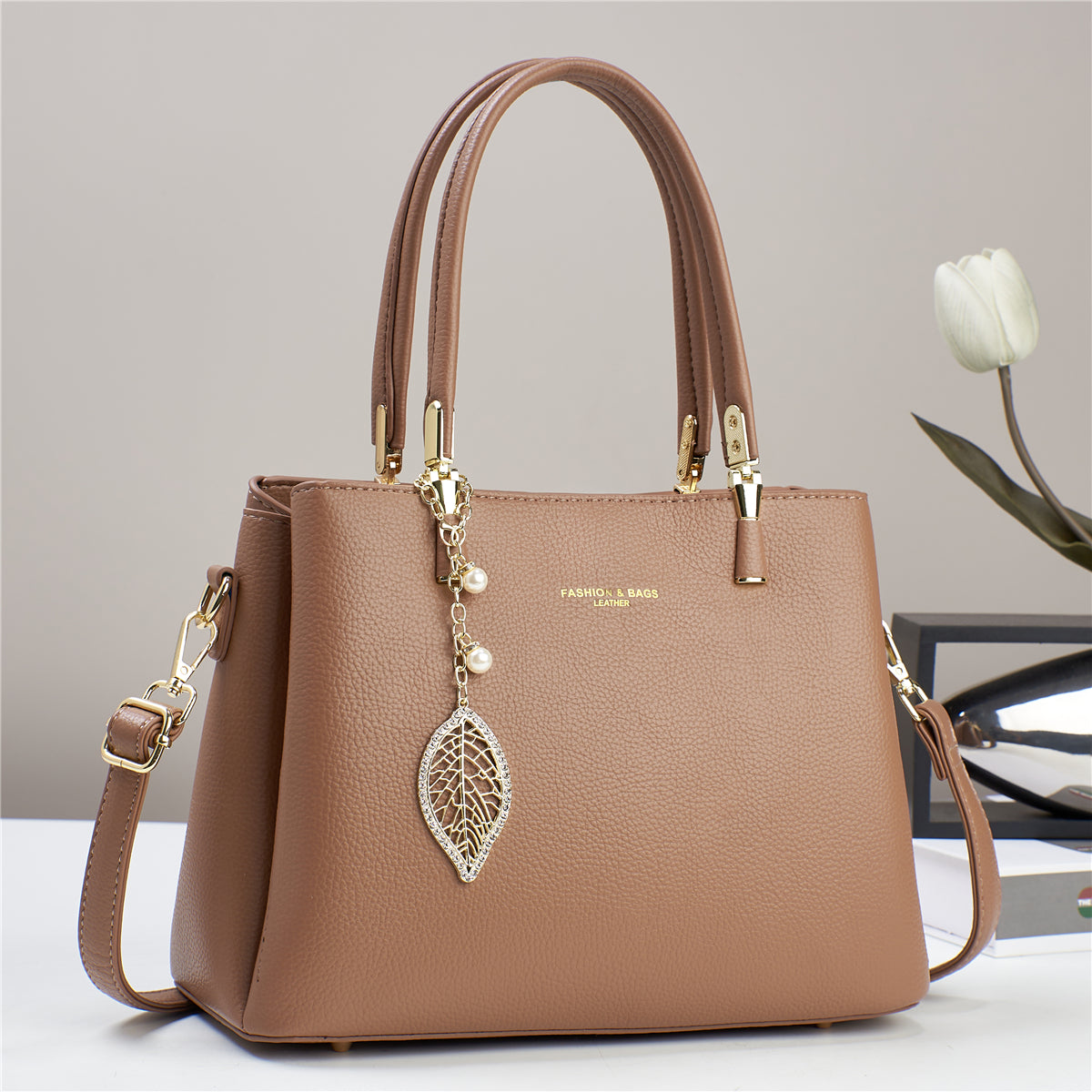 Women’s PU Shoulder Bag with Leaf Pendant (9631)