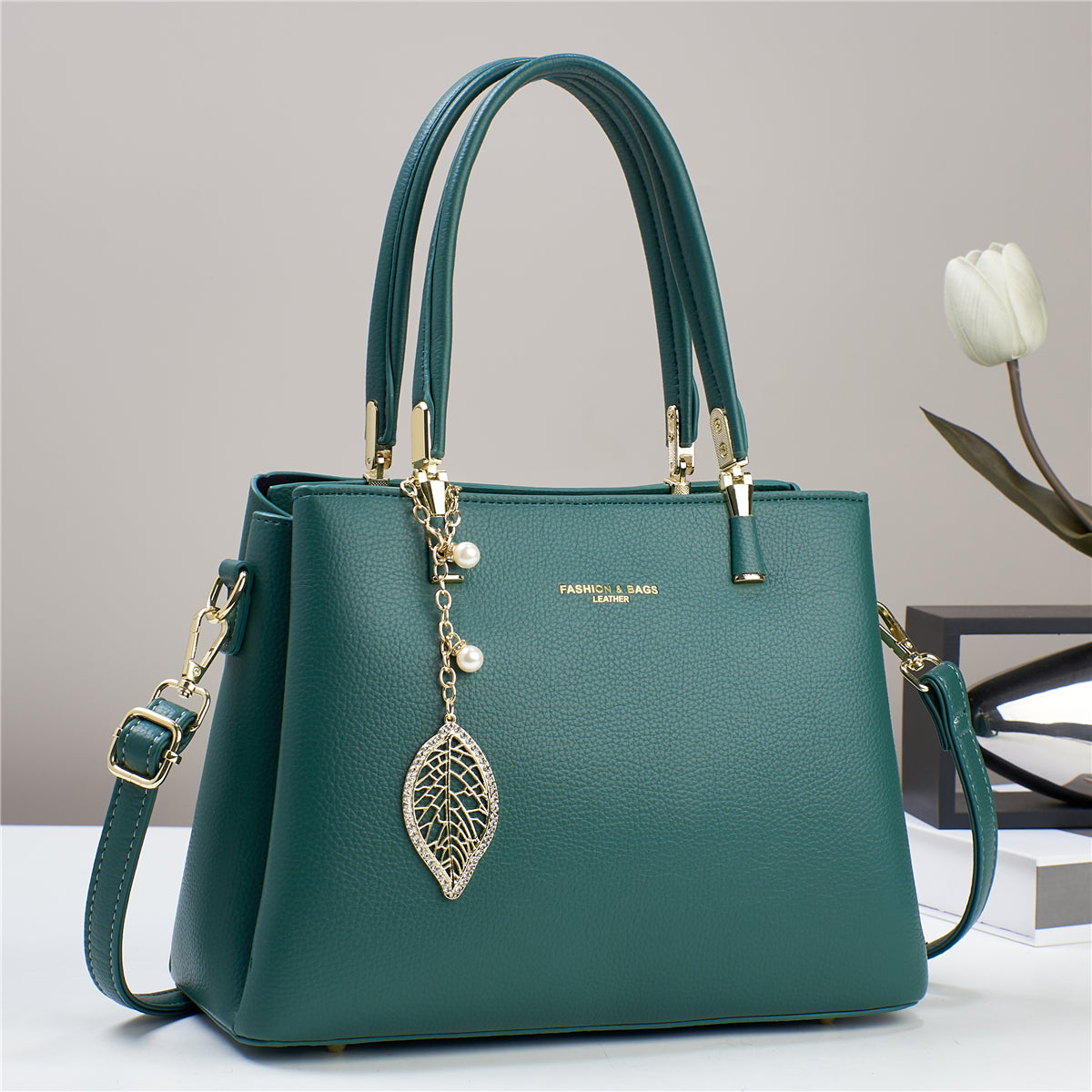 Women’s PU Shoulder Bag with Leaf Pendant (9631)