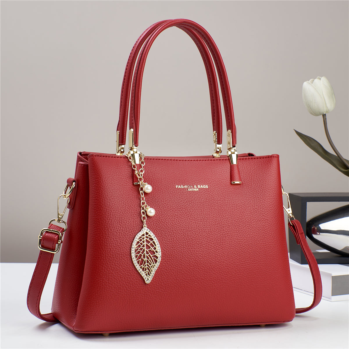 Women’s PU Shoulder Bag with Leaf Pendant (9631)