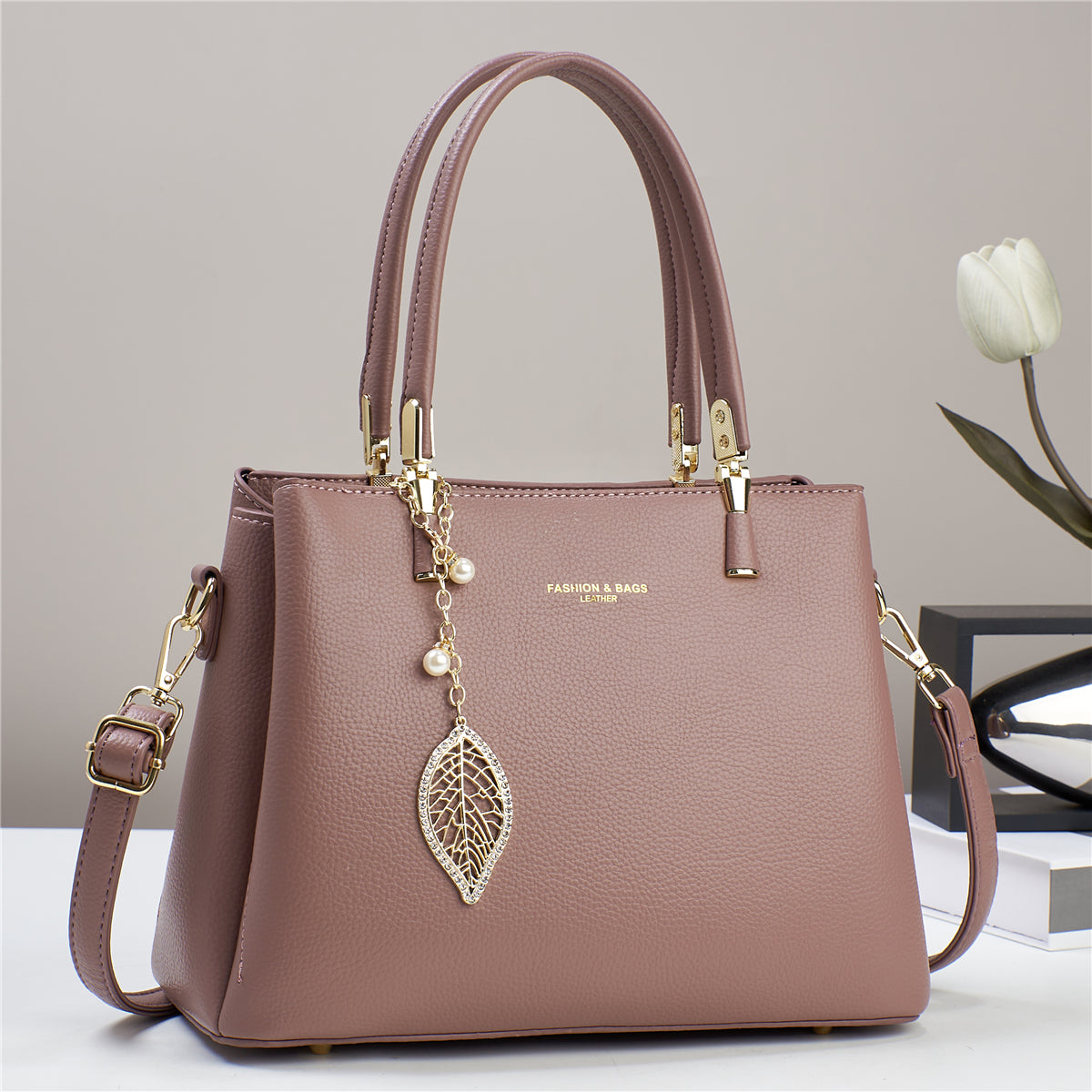 Women’s PU Shoulder Bag with Leaf Pendant (9631)