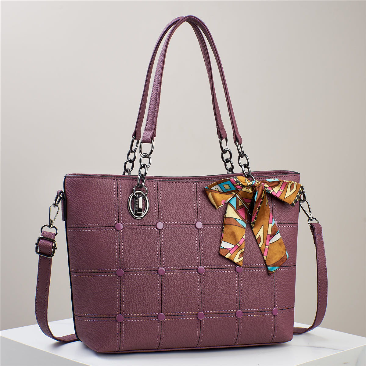 Elegant Grid-Patterned Tote Bag with Scarf Accent (7740)