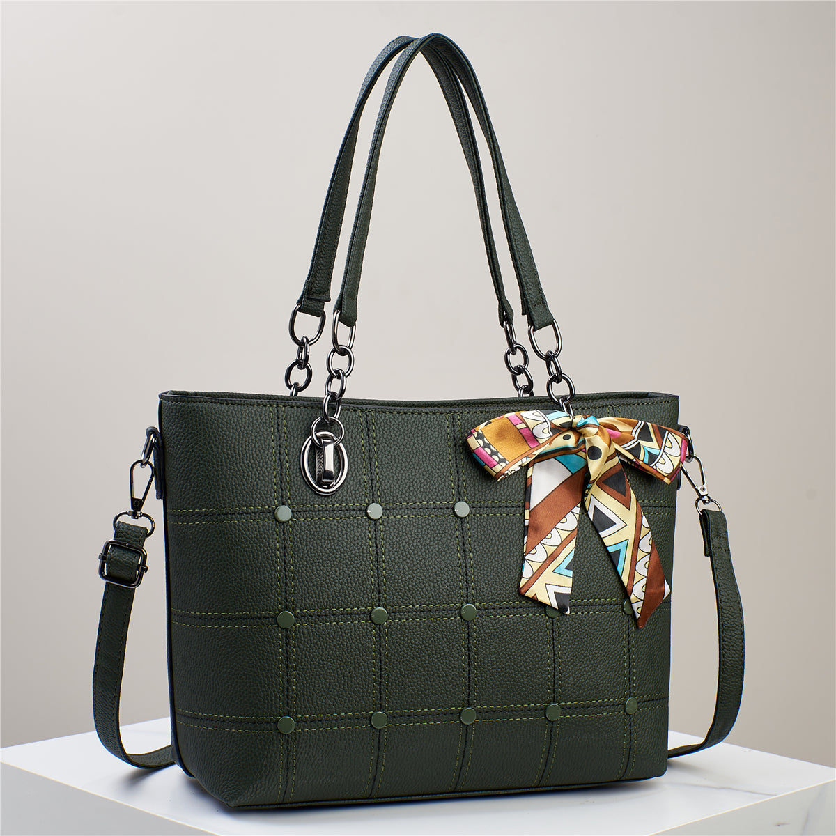 Elegant Grid-Patterned Tote Bag with Scarf Accent (7740)