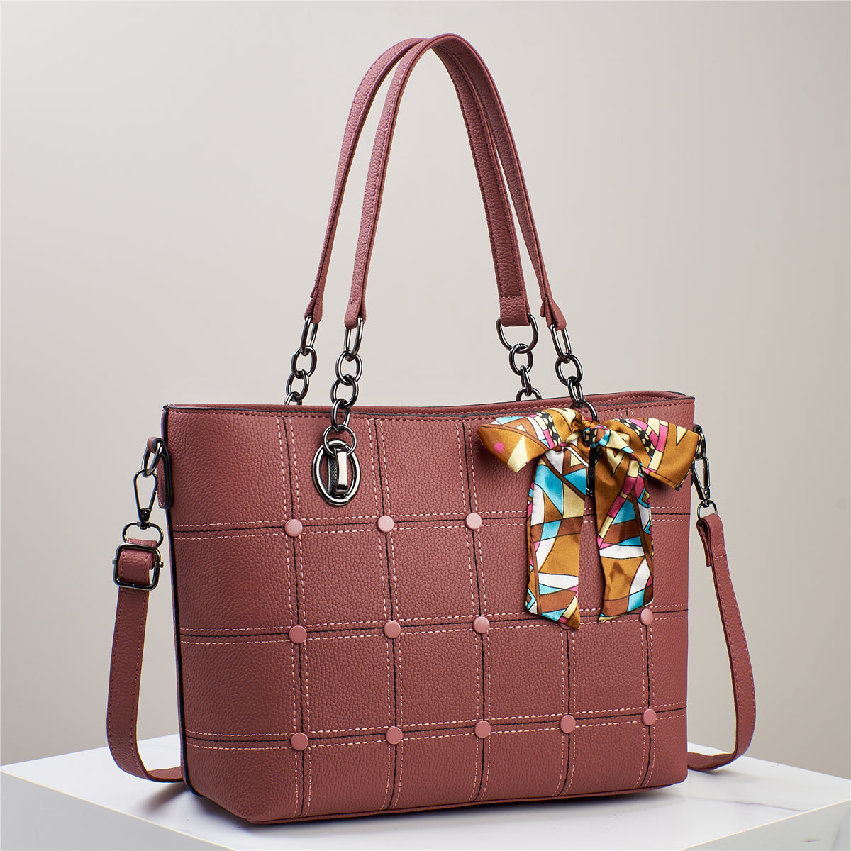 Elegant Grid-Patterned Tote Bag with Scarf Accent (7740)