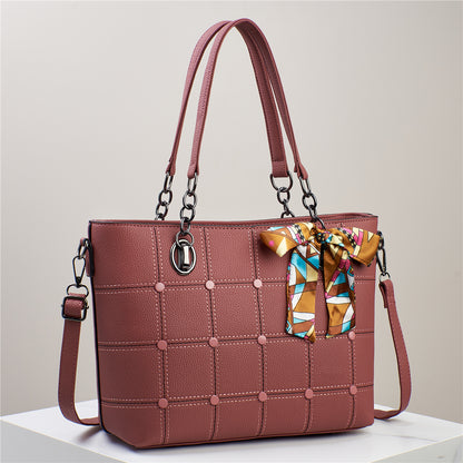 Elegant Grid-Patterned Tote Bag with Scarf Accent (7740)
