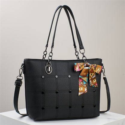 Elegant Grid-Patterned Tote Bag with Scarf Accent (7740)