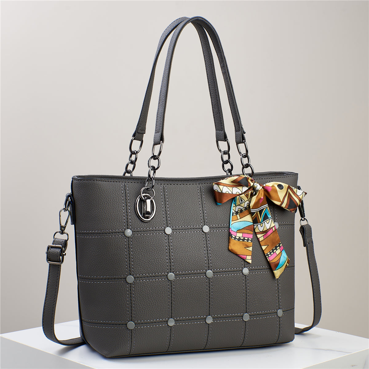 Elegant Grid-Patterned Tote Bag with Scarf Accent (7740)