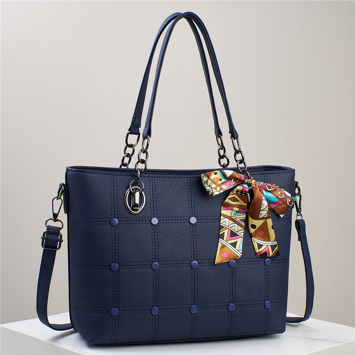 Elegant Grid-Patterned Tote Bag with Scarf Accent (7740)