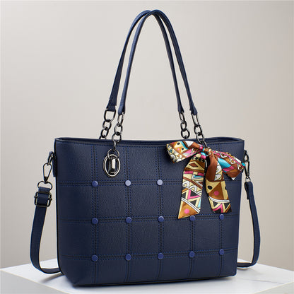 Elegant Grid-Patterned Tote Bag with Scarf Accent (7740)