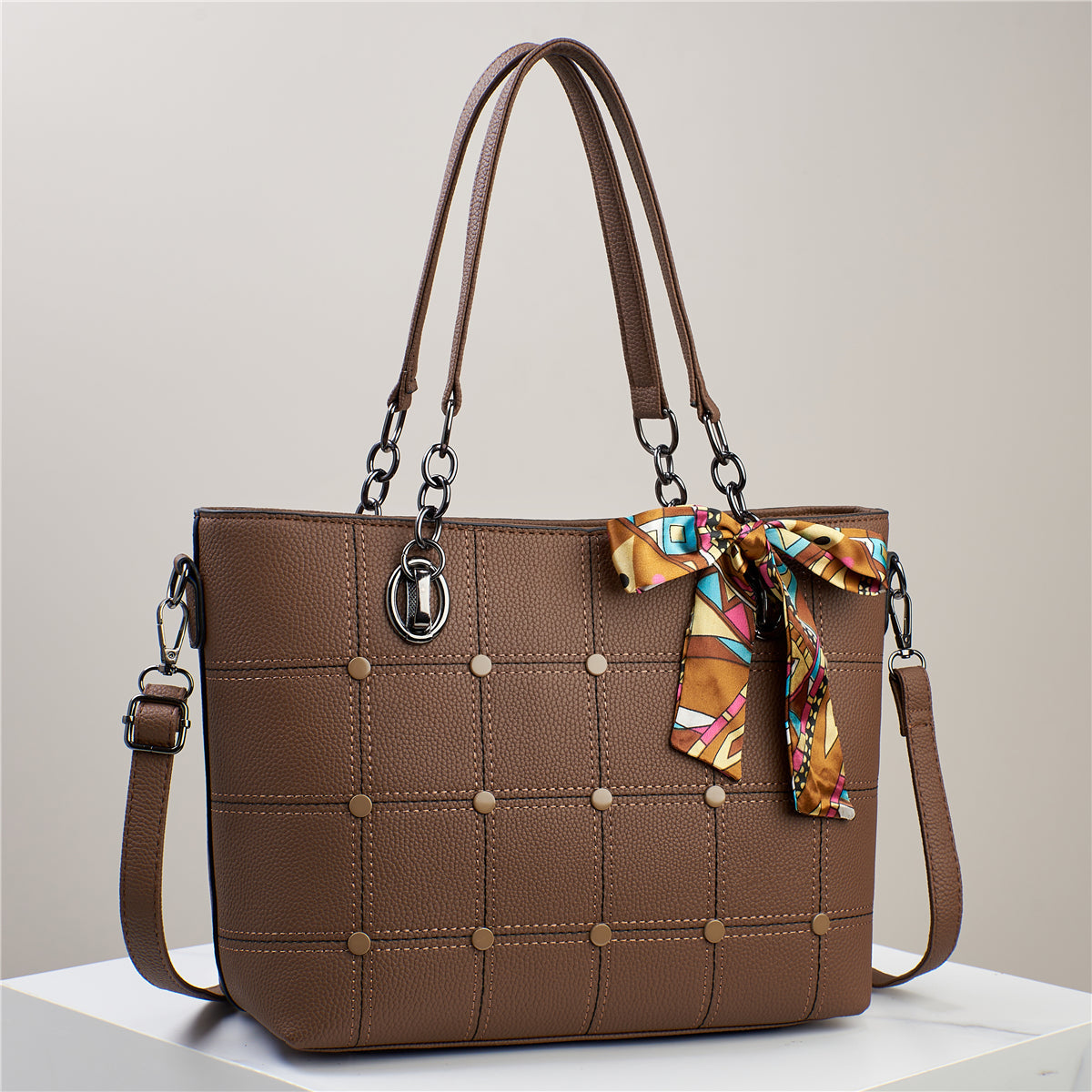 Elegant Grid-Patterned Tote Bag with Scarf Accent (7740)