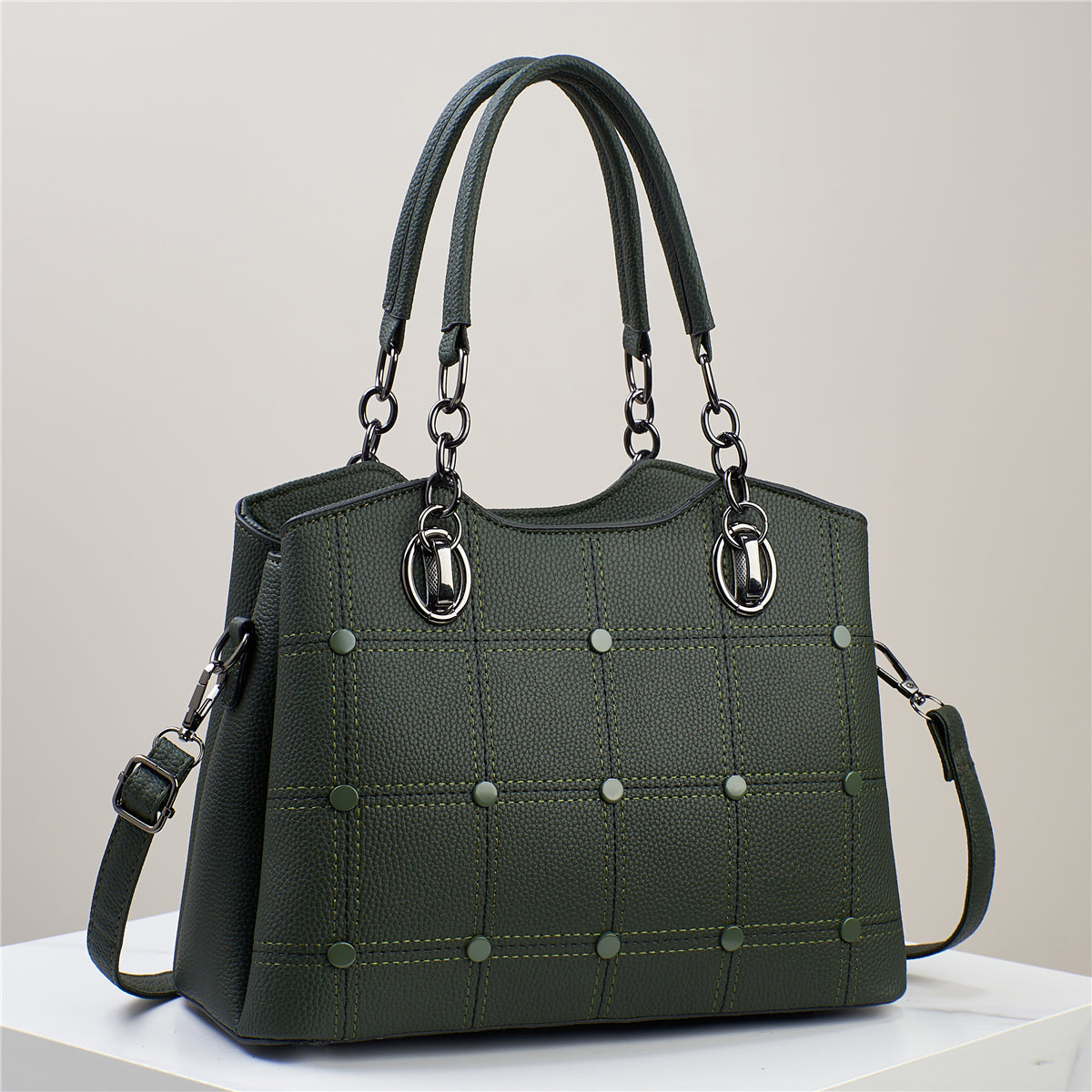 Classic Grid-Studded Tote Bag with Long Strap (7742)