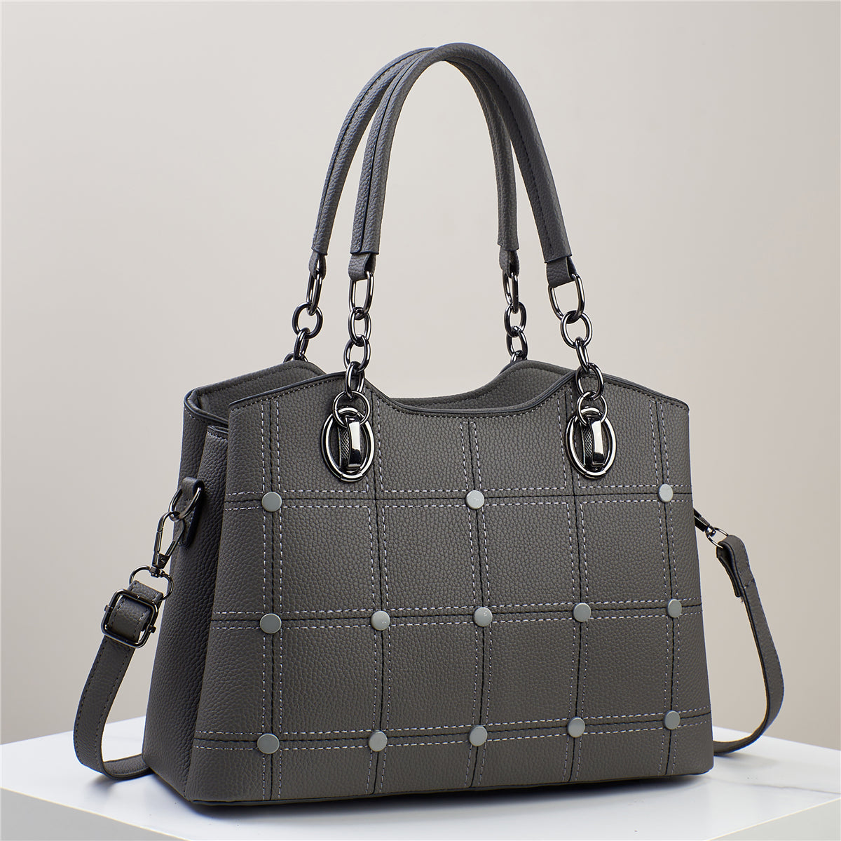 Classic Grid-Studded Tote Bag with Long Strap (7742)