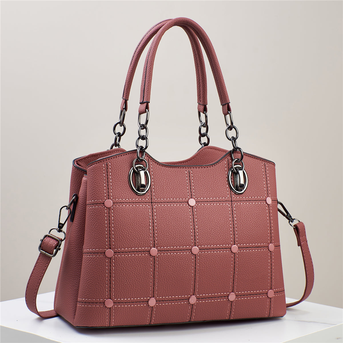 Classic Grid-Studded Tote Bag with Long Strap (7742)