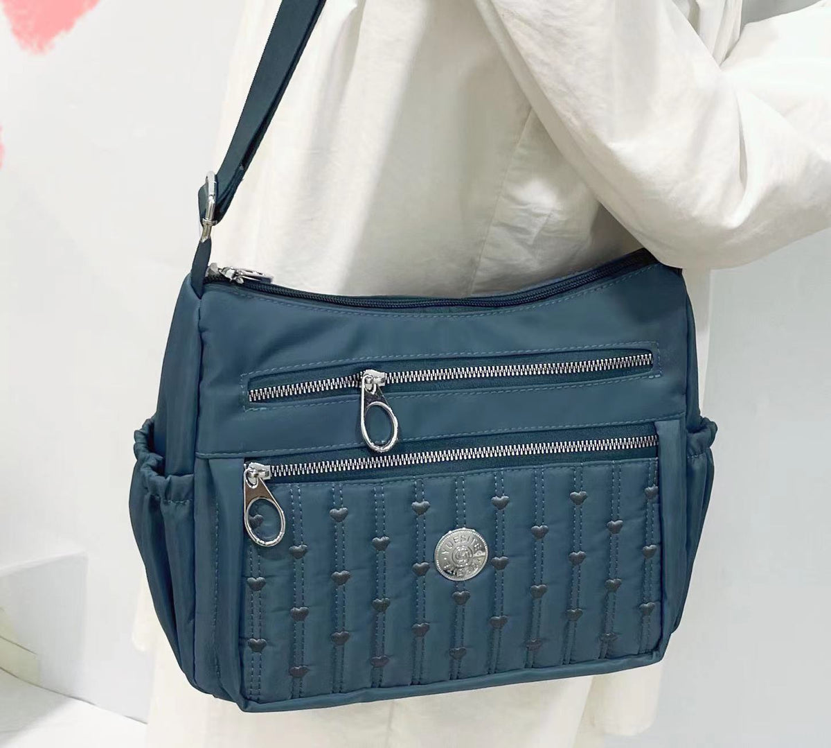 Multi-Pocket Quilted Nylon Crossbody Travel Bag with Adjustable Strap  (8756)